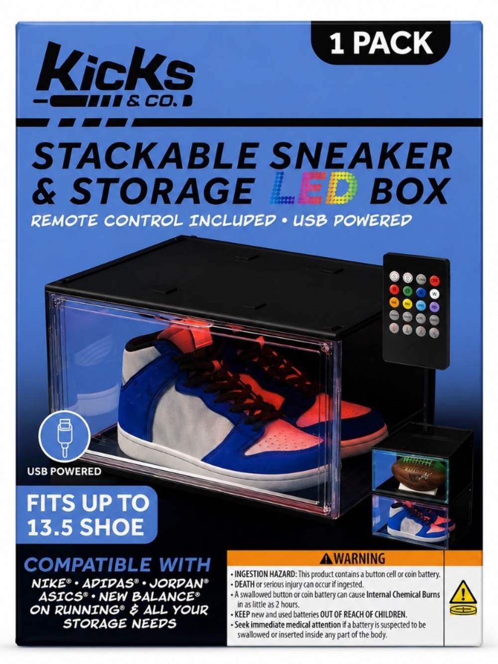 Kicks & Co LED Sneaker Display Storage Box XL Stackable USB Remote Fits 13.5